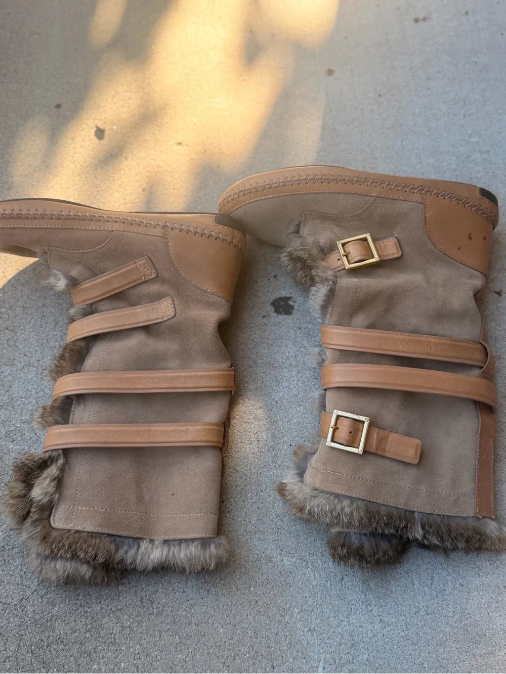 Tory Burch Taupe Faux-Fur Suede Winter Boots with Tan Leather Straps